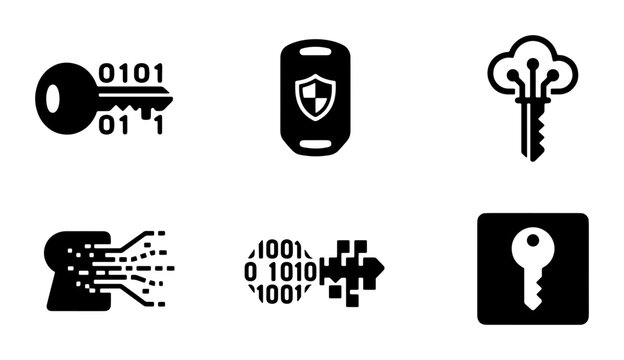 Cybersecurity Icons Set: Digital Key, Shielded Mobile, Cloud Access, Data Encryption, Secure Login, Binary Code