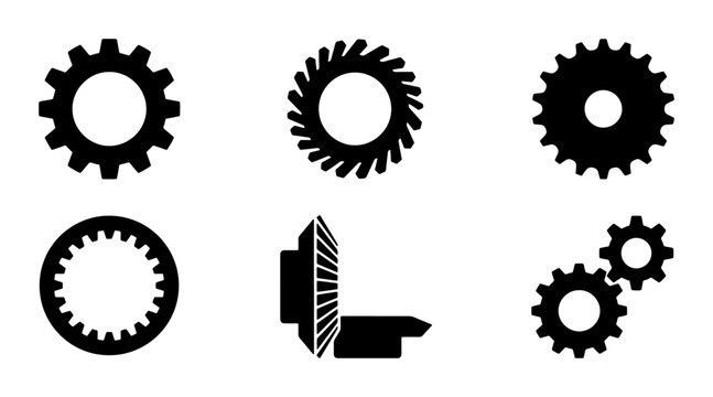 Set of Six Black Gear Icons, Mechanical Engineering Components, Industrial Machine Parts, Technical Design Elements, Vector Graphics for Industry and Technology
