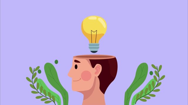 Innovative mind with a glowing light bulb representing new ideas, creative thinking, and problem-solving abilities within natural leafy frame motion graphic.