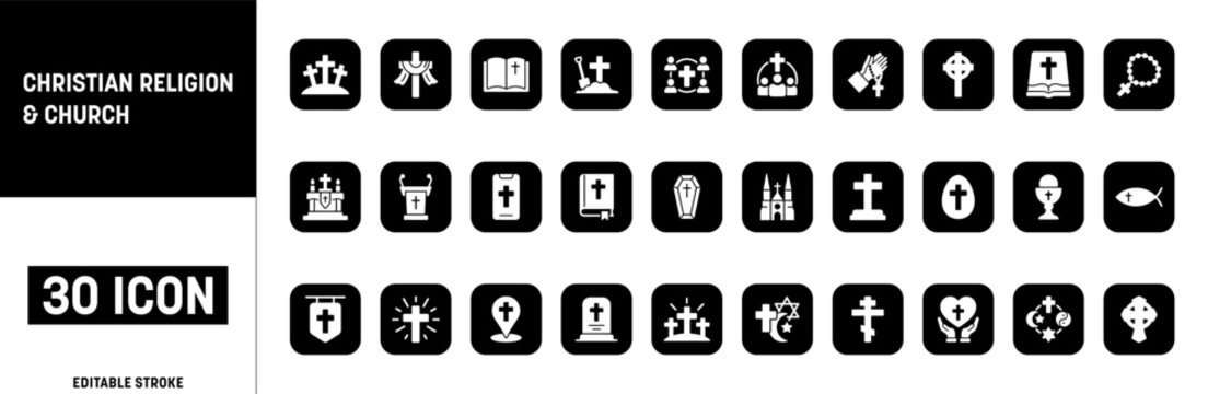 Christian Religion and Church Icon Set with 30 Spiritual Symbols, Editable Stroke Vector Illustration for Catholic, Protestant, Faith, Worship, and Religious Celebration Design.