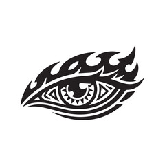 Obraz premium Abstract stylized black tribal eye symbol with flame eyebrow, aggressive tattoo logo design vector illustration isolated on white 