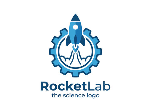 A dynamic logo featuring a rocket launching from a gear, representing innovation, exploration, and scientific advancement in a modern corporate branding context.
