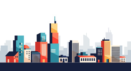 Fototapeta premium Colorful Flat Illustration of a Modern Cityscape with Various Buildings and Structures