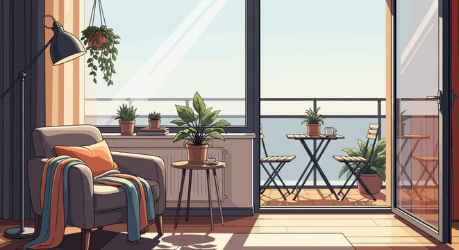 Cozy living space featuring an armchair, balcony and various indoor potted plants.