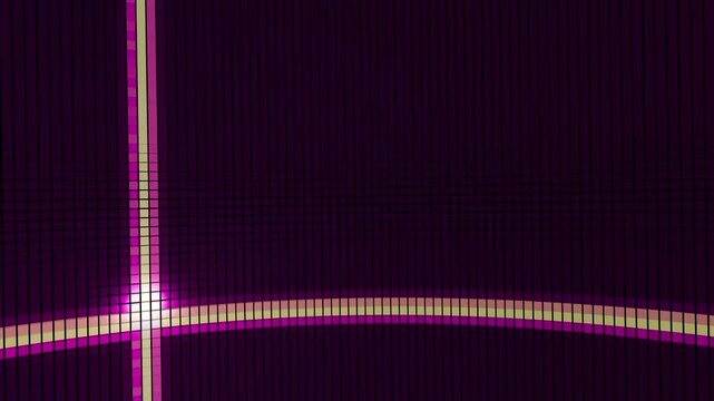 High quality 4K seamless abstract background loop. Features a luxurious curved wall of metallic square tiles illuminating in a dynamic glowing glowing cross flare pattern. Perfect for high-end studio 