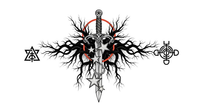 An artistic illustration of a sword with stars, roots and geometric shapes on white background