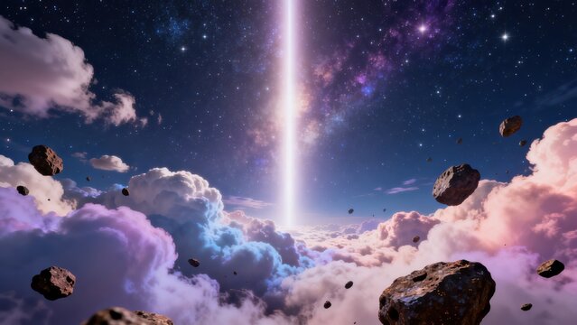 Cosmic scene with clouds and asteroids