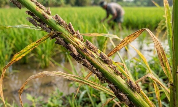 Brown Planthopper Pest Attacking Rice Crop with Visible Leaf Damage in Agricultural Field