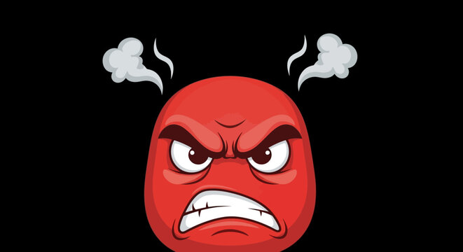 A cartoon illustration of an angry red face with steam coming from its head on black background