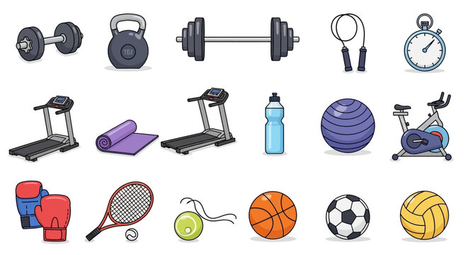 Collection of various fitness and sports equipment isolated on a white background