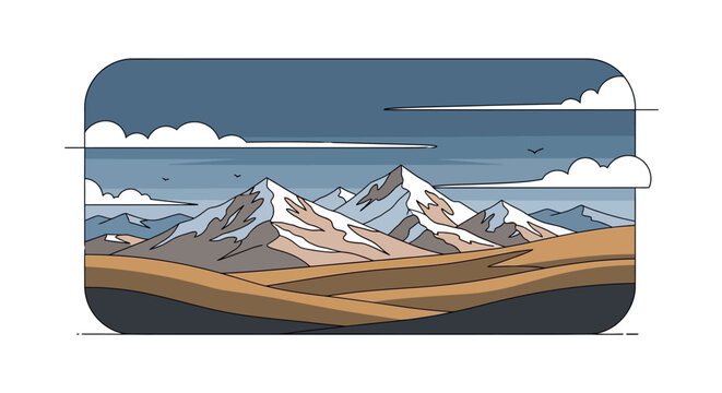 Stylized Mountain Range Illustration Depicting a Serene Landscape with Clouds and Sky