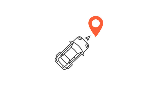 Minimalistic illustration of a vehicle icon with a navigation pointer on a plain white surface
