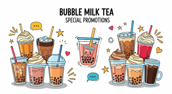 Various refreshing beverages with tapioca pearls and whipped cream are displayed on a white