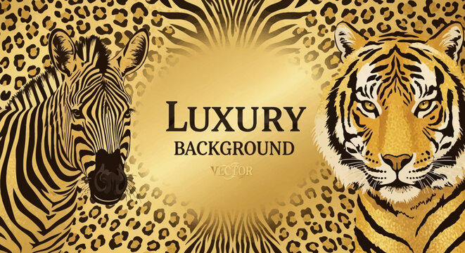 An artistic illustration of a zebra and a tiger with a golden luxury background design
