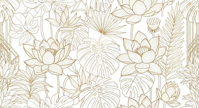 Elegant golden floral pattern with tropical leaves and lotus flowers on a white background