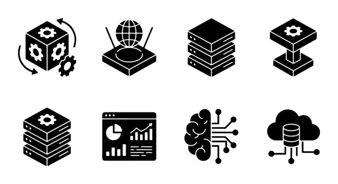 Isometric Technology Icons: Data Servers, AI Brain, Cloud Storage, Network Router, Analytics Dashboard, Gear Cubes for Digital Innovation & IT Solutions