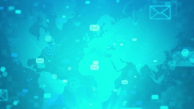 Cybersecurity and cloud computing background featuring abstract email symbols and nodes moving across a blue stylized world map.
