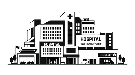Fototapeta premium Hospital Building Structure Black and White Minimal Vector Icon Healthcare System Architecture Design