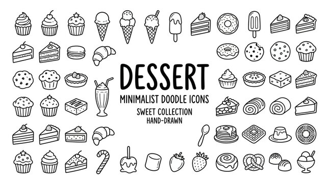 Dessert icons in minimalist doodle style.