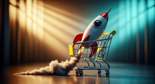 A rocket powered shopping cart blasts off into the air with smoke trailing behind.