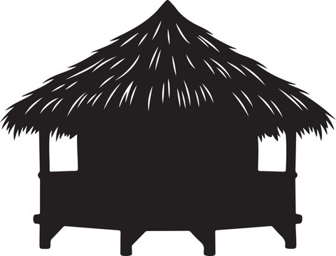 Traditional tropical beach hut silhouette with straw roof isolated on white.