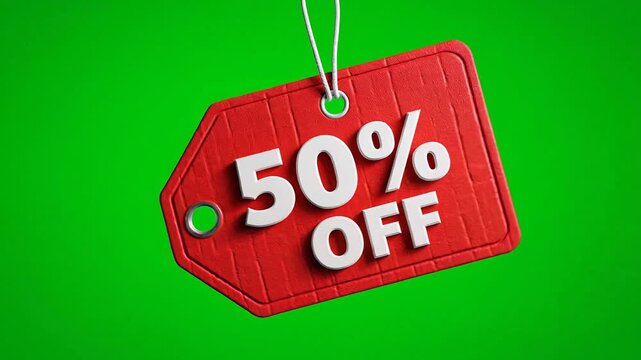 50 Off Red Discount Tag on Green Screen Background.