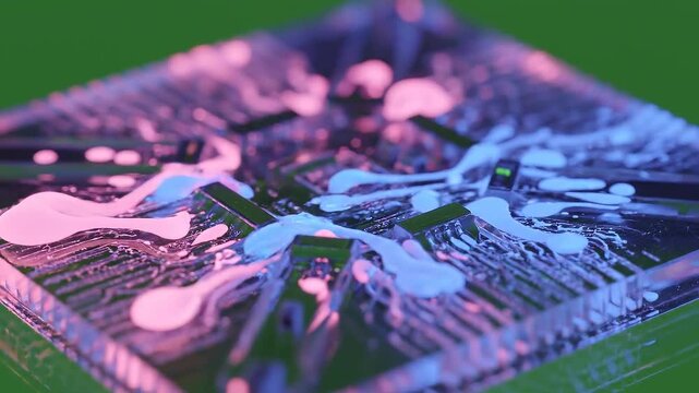 Abstract Microchip with Liquid Metal Droplets and Circuitry on Green Background.