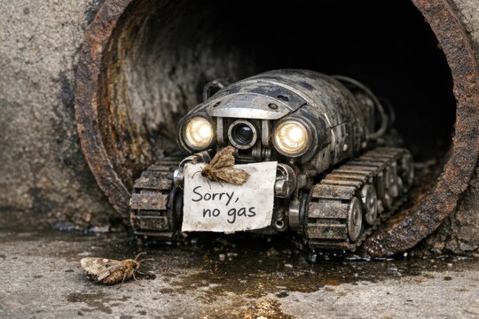 A toy robot holding a sign saying 'Sorry, no gas' in a humorous and relatable scenario