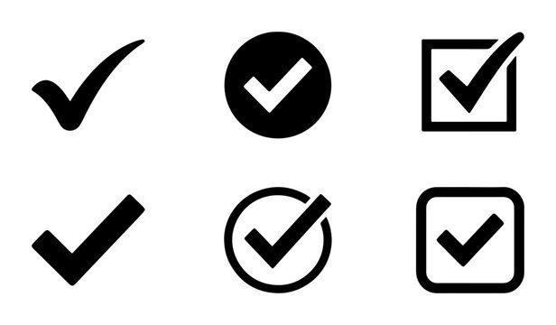 Set of Six Check Mark Icons, Black and White Tick Symbols, Simple Approval Graphics, Vector Collection for Confirmation and Selection