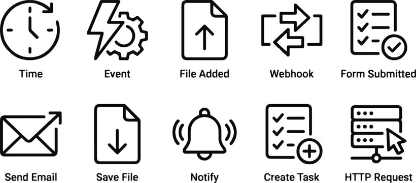 Web and app interface icons for workflow automation