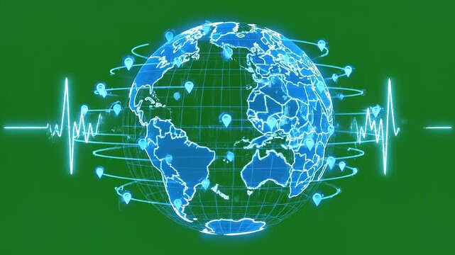 Digital Earth Network with Pulsating Data Waves and Global Connections.