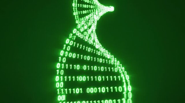 Digital DNA Helix Structure with Binary Code Rotating on Green Background.