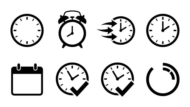 Time Management Icons: Clock, Alarm, Calendar, Stopwatch, Progress Circle, Task Completion Symbols, Vector Set for Business and Planning