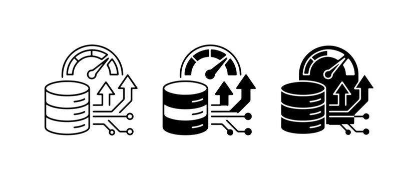 Database Performance Icons Set, Speedometer and Data Stack Vector Graphics, Technology and Analytics Symbols