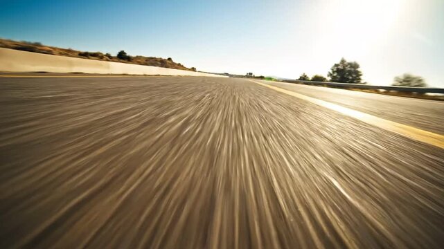 Dynamic Low Angle View of a Fast Moving Road with Motion Blur.
