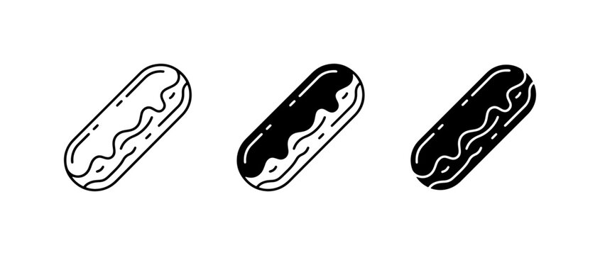 Eclair Icons Set, Chocolate Pastry Vector Graphics, Sweet Dessert Line Art Collection for Food Branding and Cafe Menus