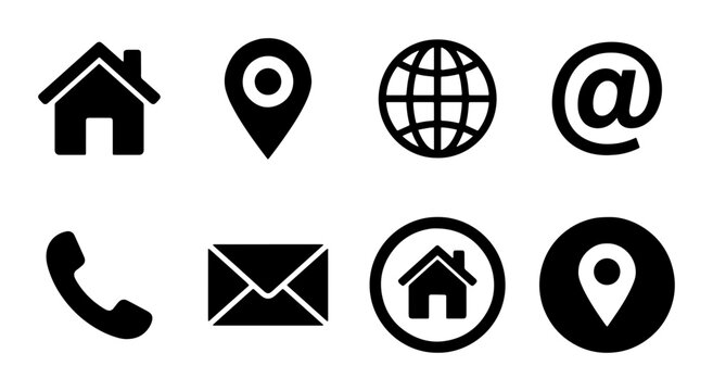 Essential Contact Icons Set, Vector Graphics for Web and Business Communication, Location, Email, Phone, Home Symbols