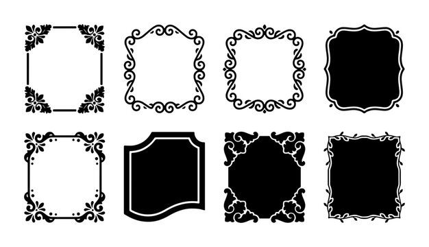 Ornate Decorative Frames Collection, Vintage Scrollwork Borders, Elegant Square Embellishments, Classic Black Vector Elements for Design