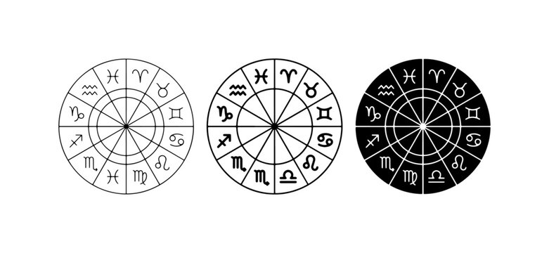 Zodiac Wheel Symbols, Astrology Icons Set, Celestial Horoscope Signs Collection, Cosmic Fortune Telling Graphics