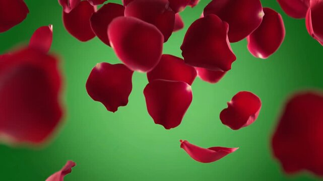 Falling Red Rose Petals on Green Background.