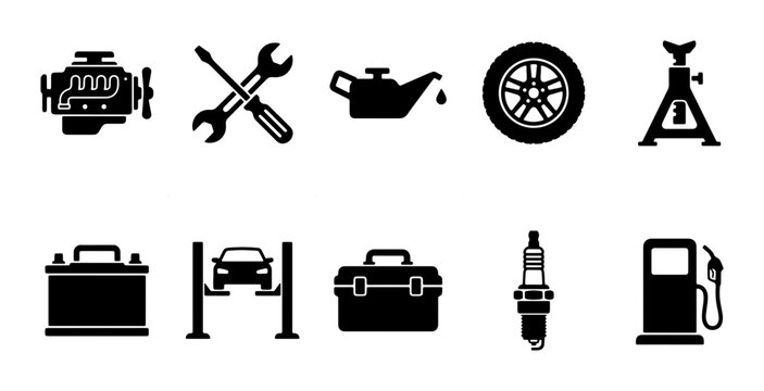Automotive Service Icons: Engine, Tools, Oil, Tire, Jack, Battery, Car Lift, Toolbox, Spark Plug, Gas Pump, Vector Set for Mechanic and Repair
