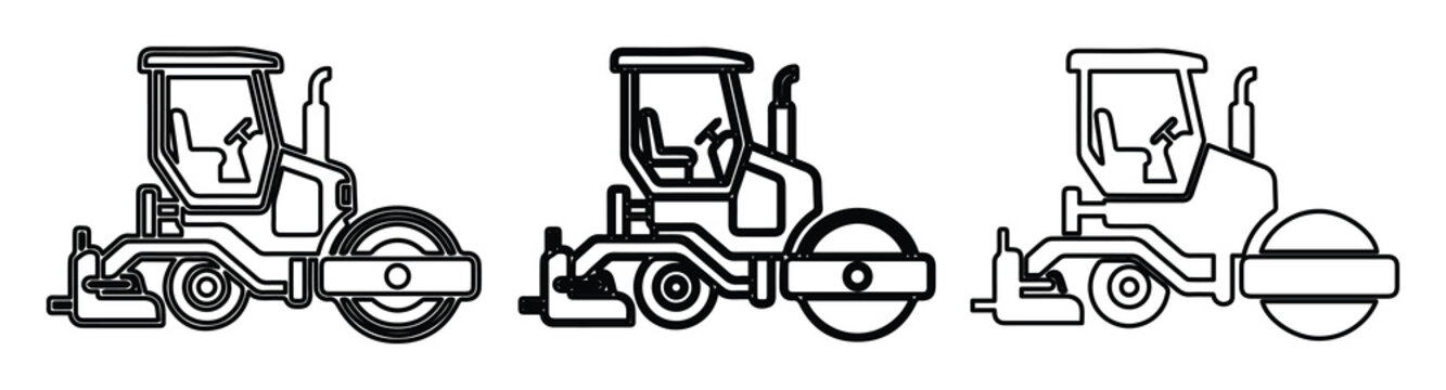 Road roller vector icons set, heavy construction machinery line art, industrial asphalt compactor equipment, steamroller vehicle illustrations