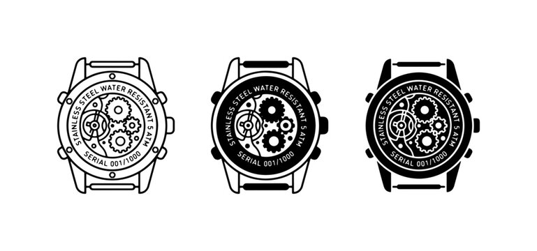 Watch Back Design Set, Mechanical Movement Icons, Timepiece Gears Vector Art, Stainless Steel Water Resistant Symbols