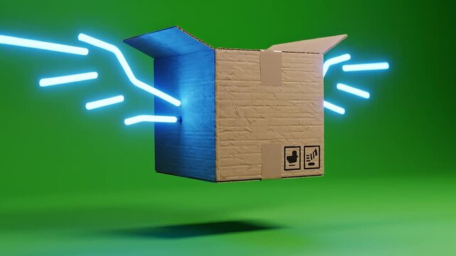 Flying Cardboard Box with Neon Wings on Green Screen.
