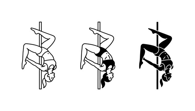 Pole Dance Silhouettes, Athletic Poses, Fitness Performance Vector Icons Set, Black and White Line Art for Exercise and Sport Graphics
