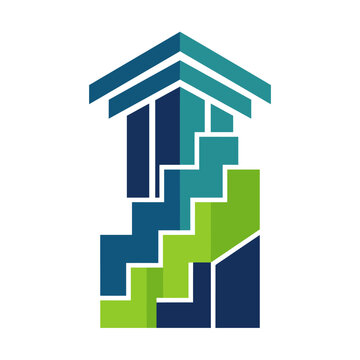 An imaginative depiction of stairs in various shades of blue and green, representing personal growth, progression, and architectural splendor in a modern artistic style.