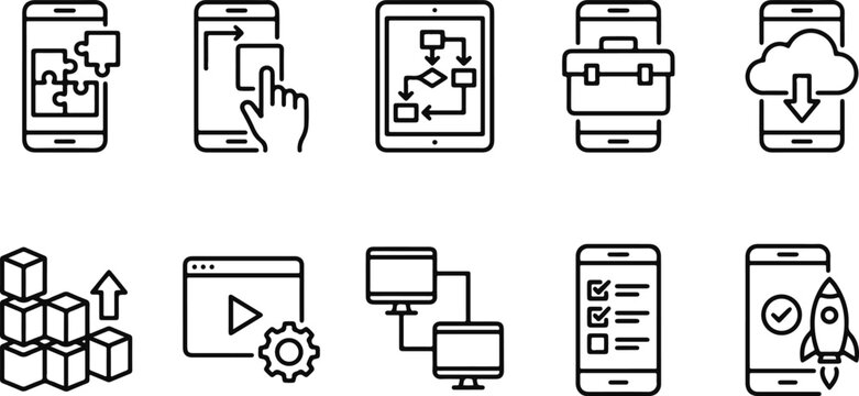 Black line icons of mobile apps and web development