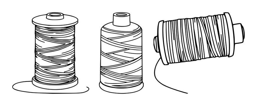 Thread spool set with simple black line art design featuring spool, thread, textile with illustration and vector graphics