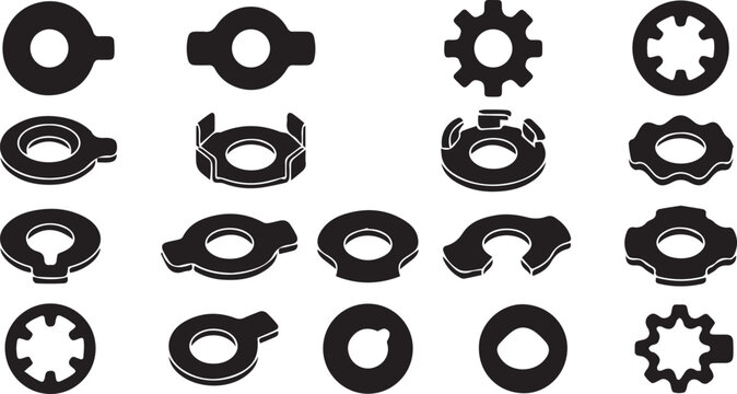 Professional Tab Washer and Locking Plate Silhouette Vector Icon Grid