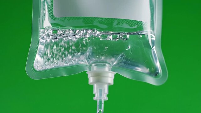 IV Drip Bag with Saline Solution on Green Screen.